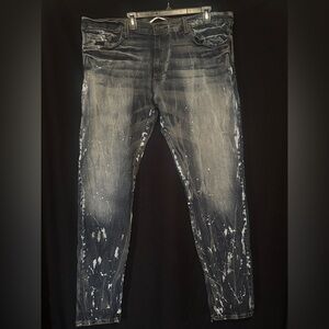 Men’s Golden Paint Splattered Distressed Blue Jeans Size 42